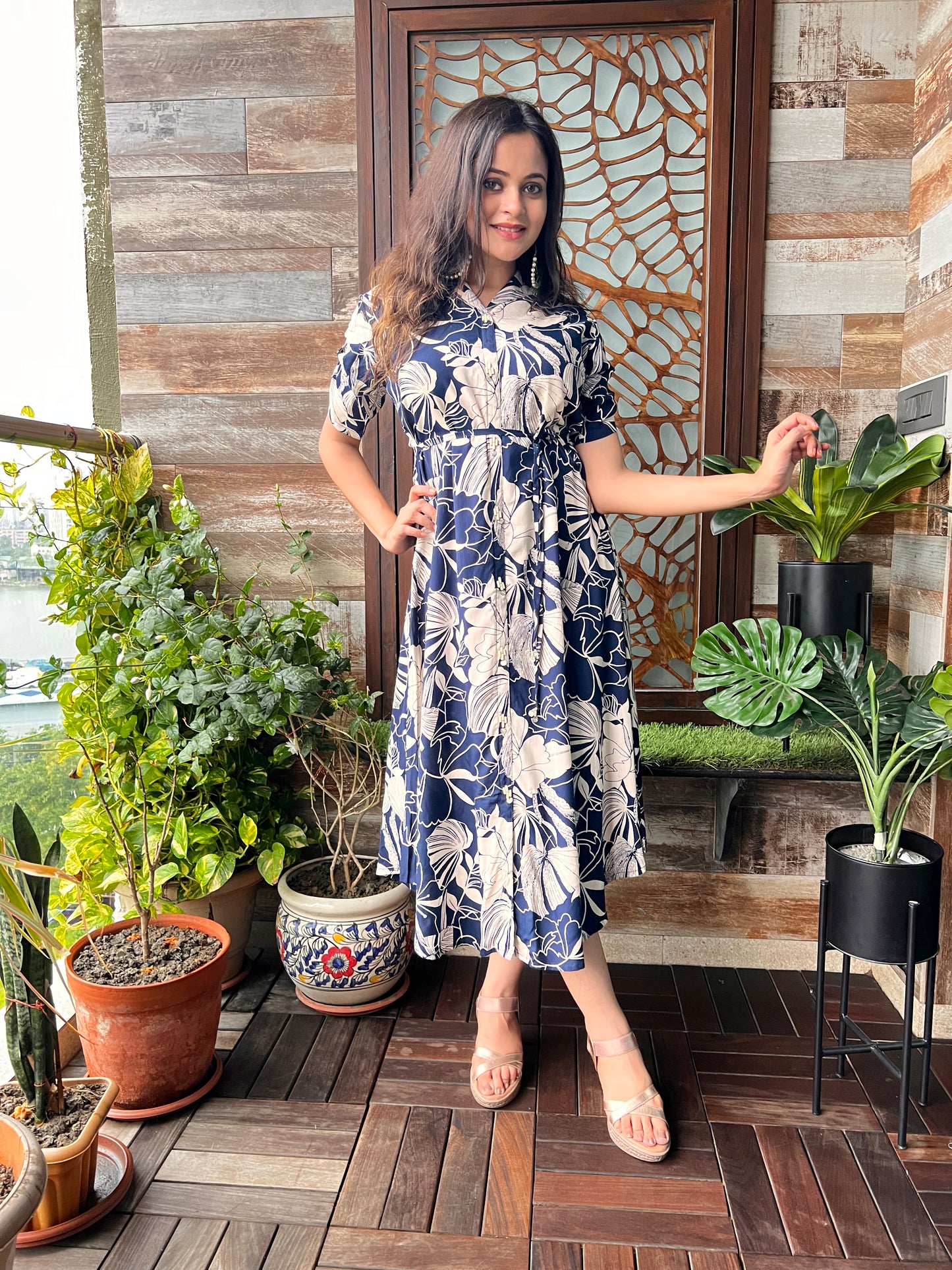 BLUE COTTON MIDI DRESS