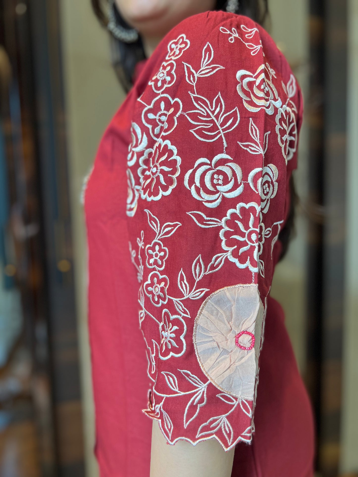 Red Embroidered Shirt Dress