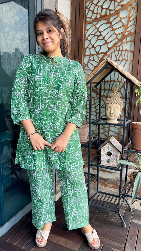 GREEN COTTON PRINTED CO-ORD SET - House of Ansh