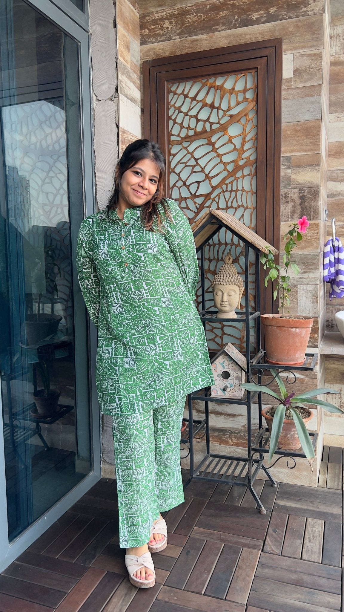 GREEN COTTON PRINTED CO-ORD SET - House of Ansh