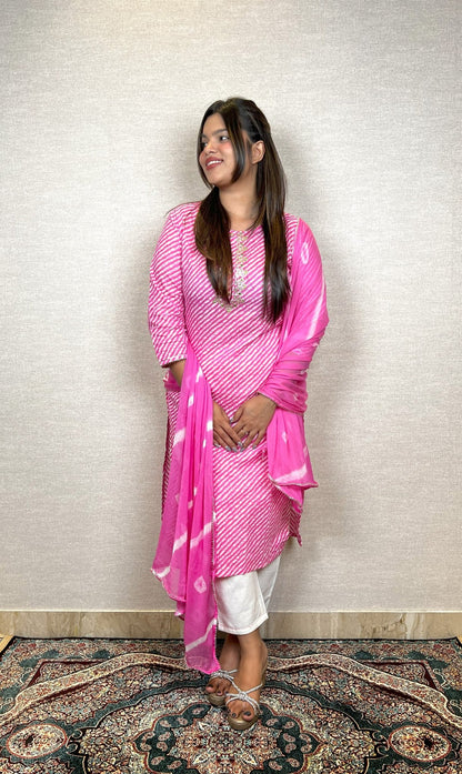 HOT PINK LEHERIYA SUIT SET - House of Ansh