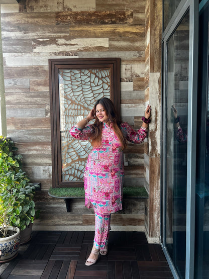 PINK PRINTED MUSLIN CO-ORD SET - House of Ansh